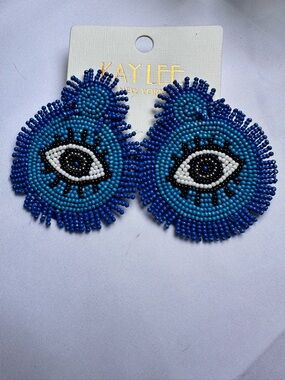3” KAY LEE Blue Beaded Eye Statement Earrings